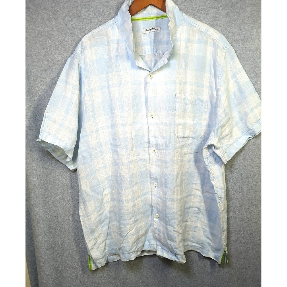 Tommy Bahama Shirt Men XXL Linen Short Sleeve Button Up Light Blu White Yachty